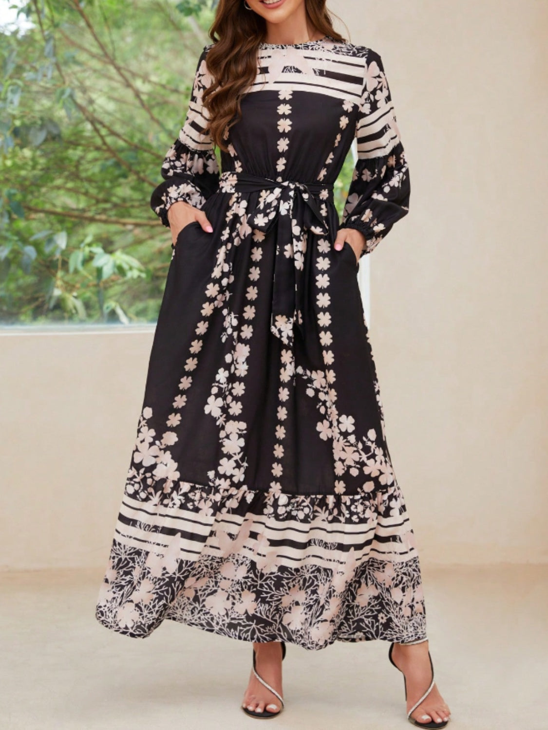 Printed Round Neck Long Sleeve Maxi Dress