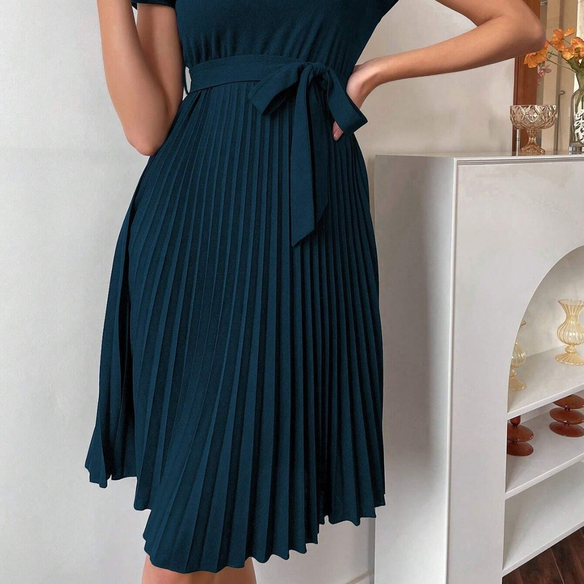 Belted Pleated Batwing Dress