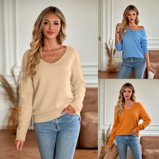 Solid Color And V-neck Loose Trendy Women's Sweater